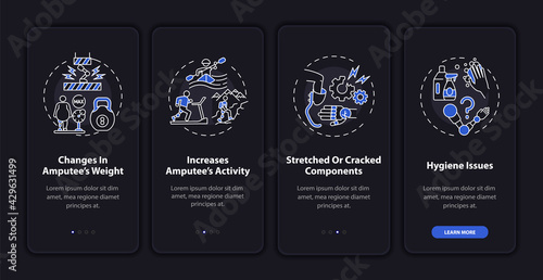 Prosthesis restore onboarding mobile app page screen with concepts. Increase amputee activity walkthrough 4 steps graphic instructions. UI, UX, GUI vector template with linear night mode illustrations