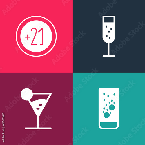 Set pop art Effervescent tablets in water, Martini glass, Glass of champagne and Alcohol 21 plus icon. Vector