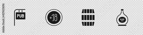Set Street signboard with Pub, Alcohol 18 plus, Wooden barrel and Bottle of cognac or brandy icon. Vector