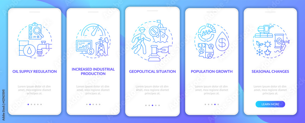 Petroleum price factors onboarding mobile app page screen with concepts. Geopolitics, seasons walkthrough 5 steps graphic instructions. UI, UX, GUI vector template with linear color illustrations