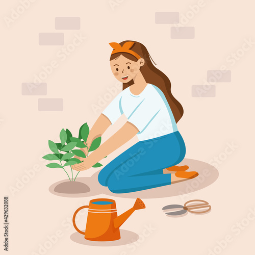 Young girl caring for a plant in the garden, watering can, gardening scissors, vector illustration
