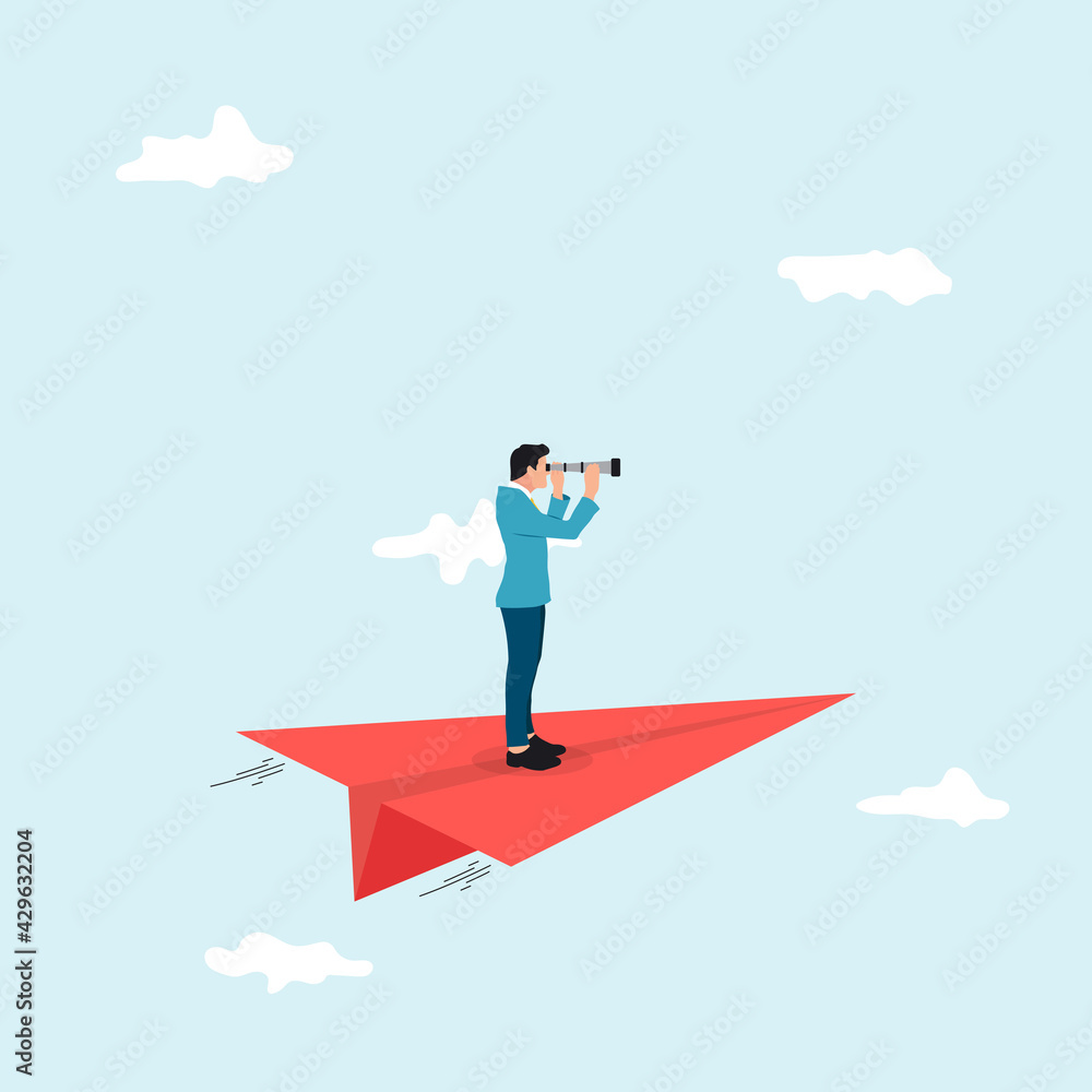 Business concept of vision. Conceptual with businessman on a red paper plane with a telescope .Symbol of the leader man, success, ambition, leadership, future.Vector illustration. Business concept of vision. Conceptual with businessman on a red paper plane with a telescope .Symbol of the leader man, success, ambition, leadership, future.Vector illustration.