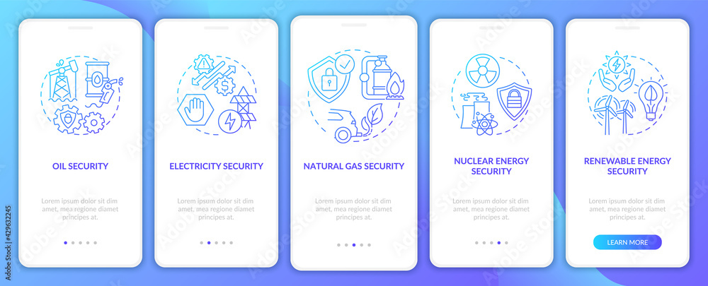 Energy security kinds onboarding mobile app page screen with concepts. Renewable energy security walkthrough 5 steps graphic instructions. UI, UX, GUI vector template with linear color illustrations