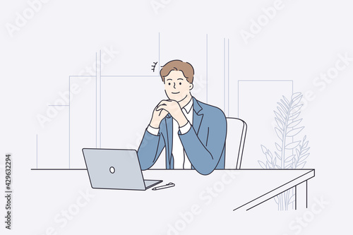 Businessman during work planning concept. Young positive businessman cartoon character sitting at desk deep in thought working on laptop in office vector illustration 