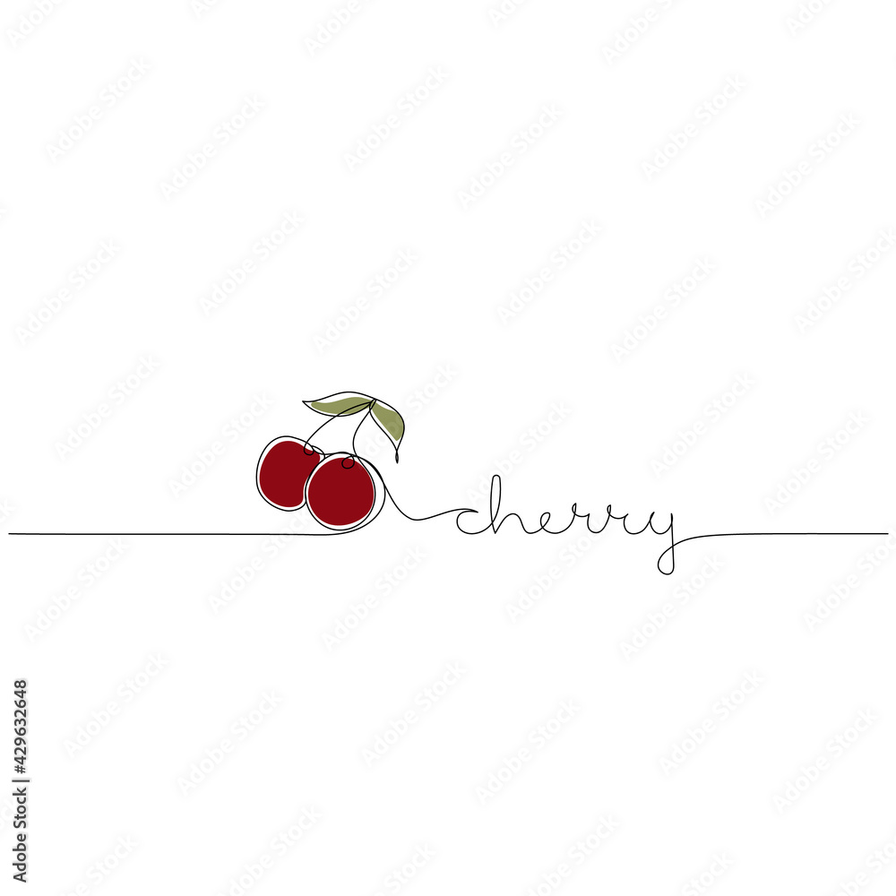 Continuous one line drawing of cherries with text Cherry. Modern minimalist art. Continuous one line drawing of cherries with text Cherry. Modern minimalist art.