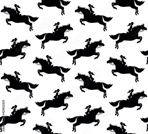 Vector seamless pattern of hand drawn girl woman riding show jumping horse silhouette isolated on white background