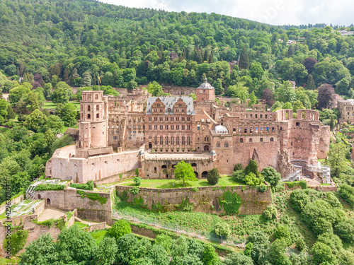 Aerial View of Heidelberger Schloss, a 16th century ruined castle on a hillside, Heidelberg, Baden-Württemberg, Germany.