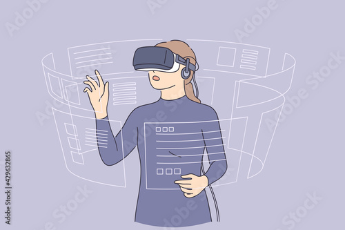Virtual reality and high technologies concept. young woman wearing 3d glasses playing with virtual reality touching air with fingers vector illustration 