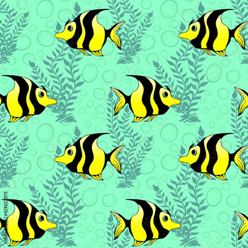 Tropical coral fishes and seaweed seamless pattern. Exotic ocean creatures surface pattern design. Marine animals endless texture. Underwater fauna boundless background. Sea life editable tile.