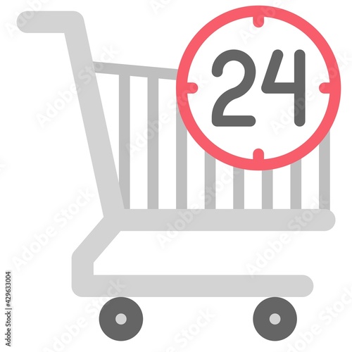 Shopping cart with 24 hours icon, Supermarket and Shopping mall related vector