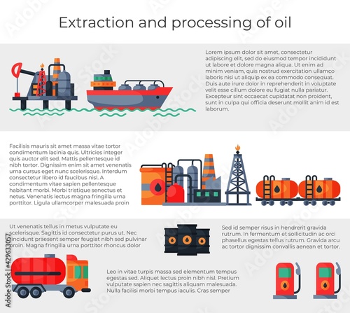 Website banner extraction and oil processing, petroleum information font text, internet info brochure flat vector illustration.