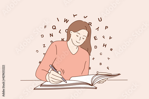 Education, copy space, writing concept. Young smiling woman sitting writing on blank notebook on table feeling creative and positive vector illustration