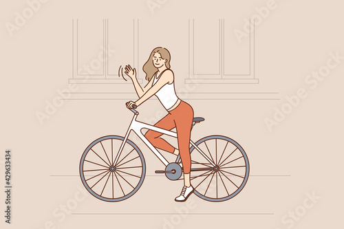 Riding Bike and street activities concept. Smiling pretty hipster slim girl with long brown hair riding fixed gear bicycle and waving hand vector illustration 