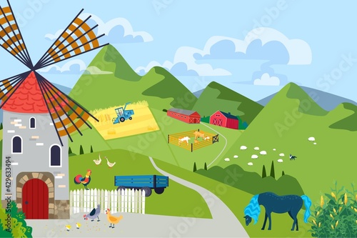 Landscape farmhouse barnyard with windmill, picturesque mountain area, tractor harvesting farm crop flat vector illustration banner.
