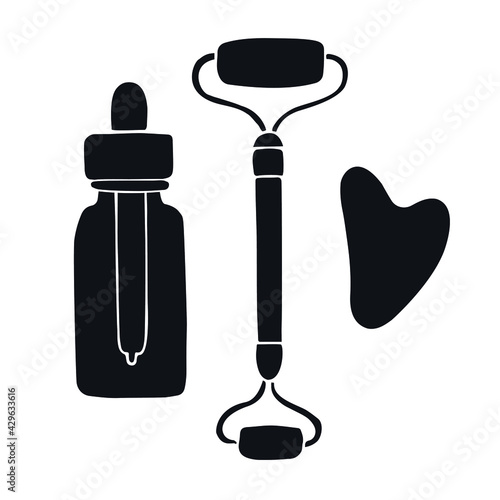 Vector hand drawn doodle sketch black gua sha jade roller and oil bottle set isolated on white background