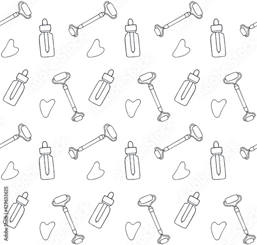 Vector seamless pattern of hand drawn doodle sketch gua sha jade roller and oil bottle set isolated on white background