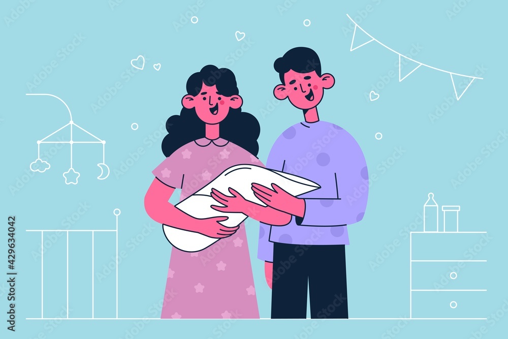 Obraz premium Newborn child and happy family concept
