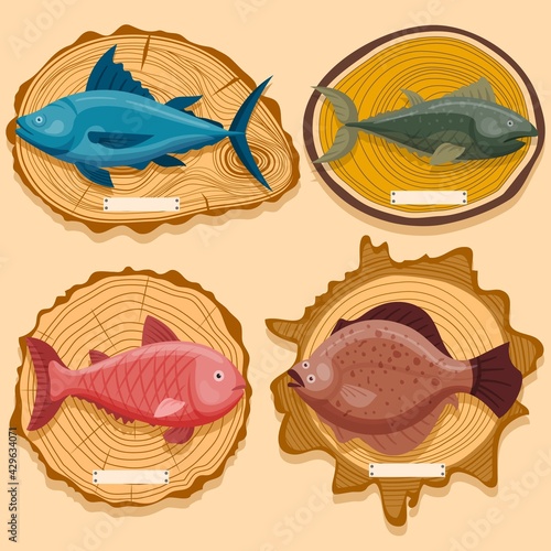 Concept ocean fish on wooden exhibition board, delicious sea minnow, cutting blackboard flat vector illustration, isolated on beige.