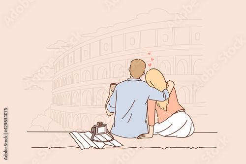 Traveling and vacation in Rome concept. Young couple sitting backwards having trip romantic vacation to Italy Rome drinking coffee hugging vector illustration 