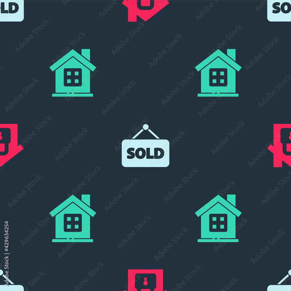 Set House under protection, Hanging sign with text Sold and on seamless pattern. Vector Set House under protection, Hanging sign with text Sold and on seamless pattern. Vector