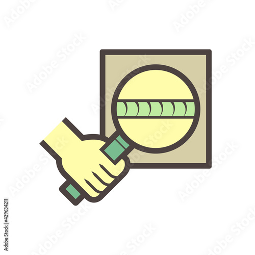 Welding quality inspection check vector icon. Consist of workpiece, inspector, butt or fillet and magnifying glass tool. To find crack, destructive or defect of weld joint. Good location and coverage.