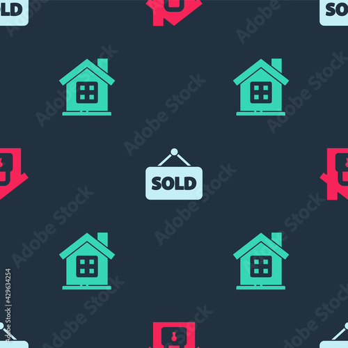 Set House under protection, Hanging sign with text Sold and on seamless pattern. Vector