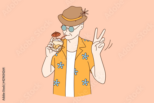 Senior people happy lifestyle concept. Funny and extravagant senior man posing on pink background drinking cocktail having fun partying vector illustration 