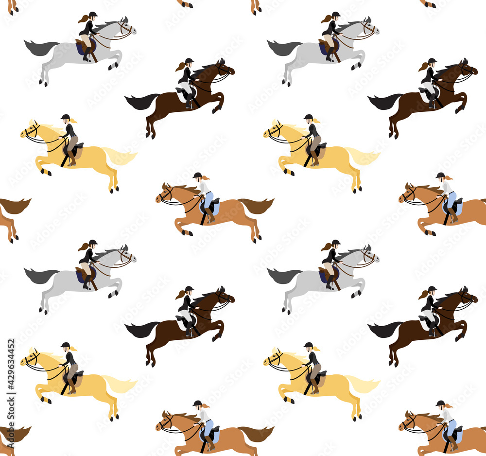Vector seamless pattern of flat cartoon woman riding show jumping horse isolated on white background