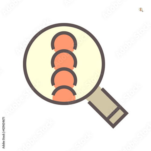 Welding quality inspection check vector icon. Consist of workpiece,  butt or fillet and magnifying glass tool. To find crack, destructive or defect of weld joint. Good location and coverage. 64x64 px.