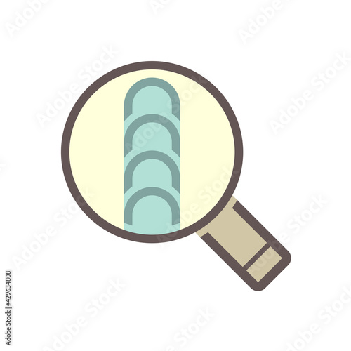 Welding quality inspection check vector icon. Consist of workpiece,  butt or fillet and magnifying glass tool. To find crack, destructive or defect of weld joint. Good location and coverage. 64x64 px.