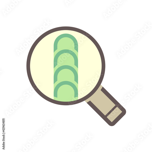 Welding quality inspection check vector icon. Consist of workpiece,  butt or fillet and magnifying glass tool. To find crack, destructive or defect of weld joint. Good location and coverage. 64x64 px.