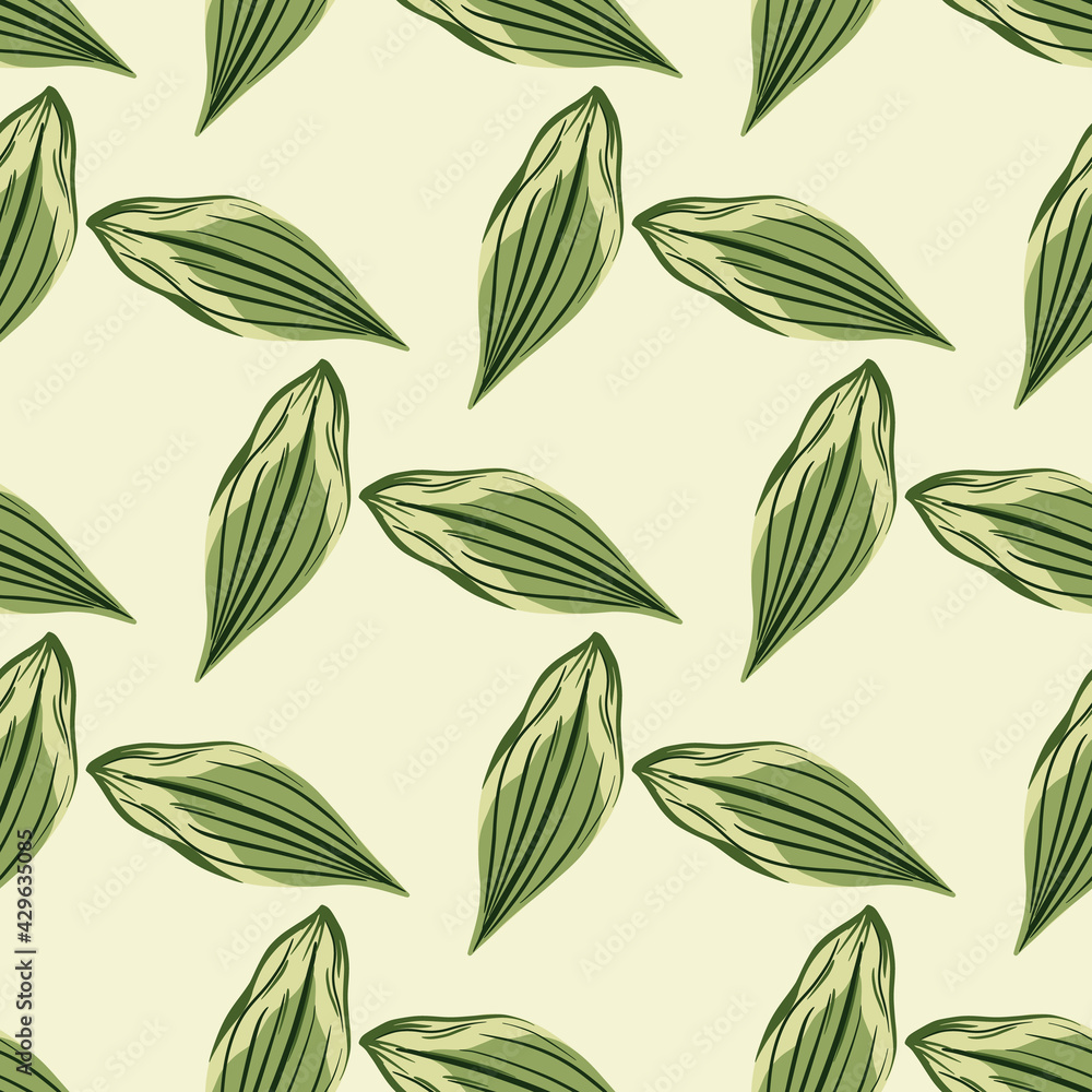 Geometric green leaf elements seamless pattern in doodle style. Light pastel background. Simple backdrop.