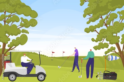 Rich entertainment people character together play golf game in green park, physical activity male hit putter hole flat vector illustration.