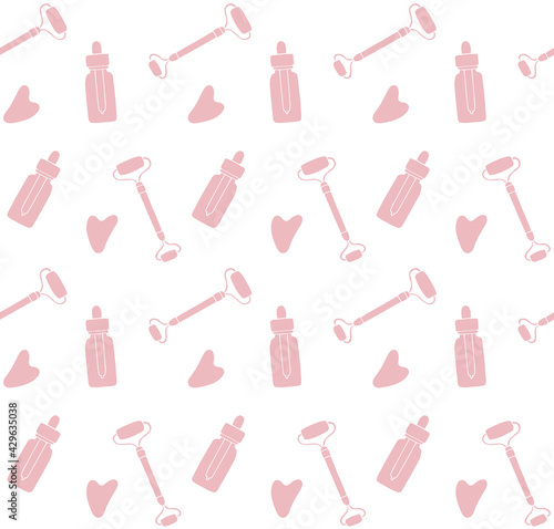 Vector seamless pattern of pink rose hand drawn doodle sketch gua sha jade roller and oil bottle set isolated on white background