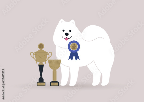 A winner of a dog competition posing with the golden goblets and medals, a victory concept