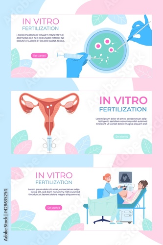 Extracorporeal in vitro fertilization, medical website landing banner, ivf modern technology to helping pregnancy flat vector illustration. photo