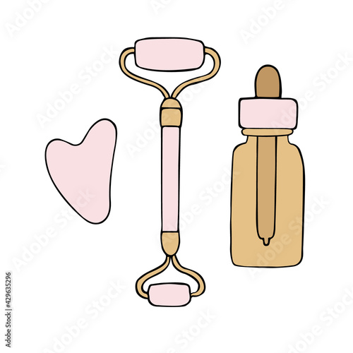 Vector hand drawn doodle sketch pink colored gua sha jade roller and oil bottle set isolated on white background