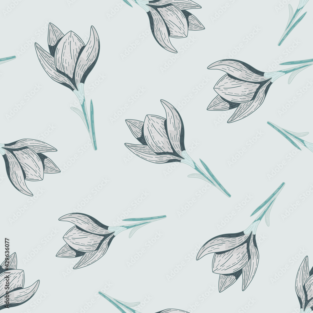 Random seamless pattern with doodle crocus elements ornament. Light palette. Botanic flora artwork. Random seamless pattern with doodle crocus elements ornament. Light palette. Botanic flora artwork.