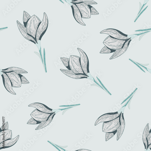 Random seamless pattern with doodle crocus elements ornament. Light palette. Botanic flora artwork.