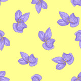 Vintage seamless pattern with blue outline orchid flowers shapes. Yellow light background. Flat style.