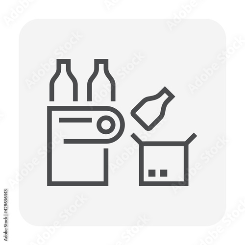 Beverage industry vector icon. That business process automation and technology consist of row bottle packaging on conveyor belt in production line to manufacturing or produce drink product. 64x64 px.