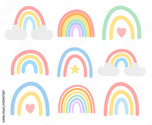 Vector set bundle of hand drawn doodle sketch pastel boho rainbow isolated on white background