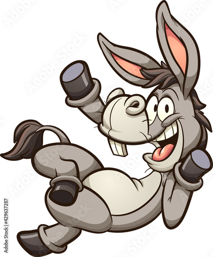 Cartoon donkey or mule lying down and waving happy. Vector clip art illustration with simple gradients. All on a single layer. 

