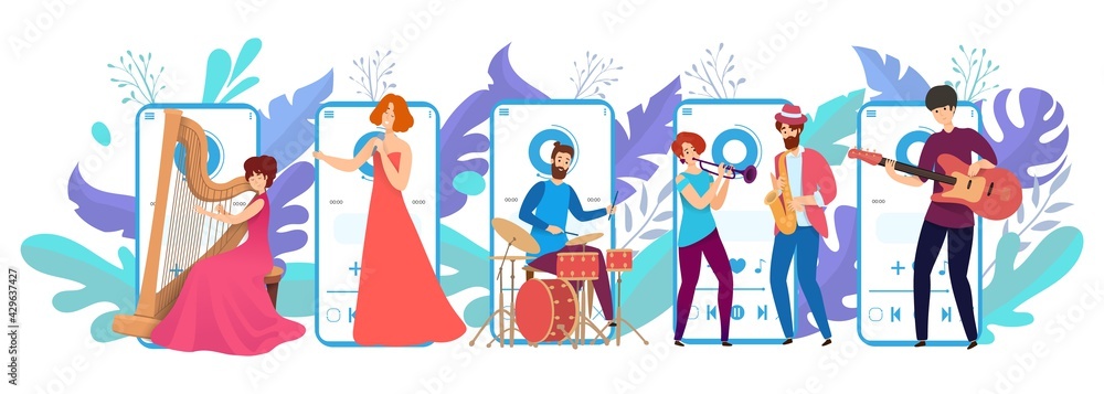 Online musical performance, smartphone music application, classic melodic concert flat vector illustration, isolated on white. Online musical performance, smartphone music application, classic melodic concert flat vector illustration, isolated on white.
