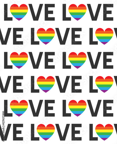 Vector seamless pattern of flat lgbt pride rainbow love lettering isolated on white background