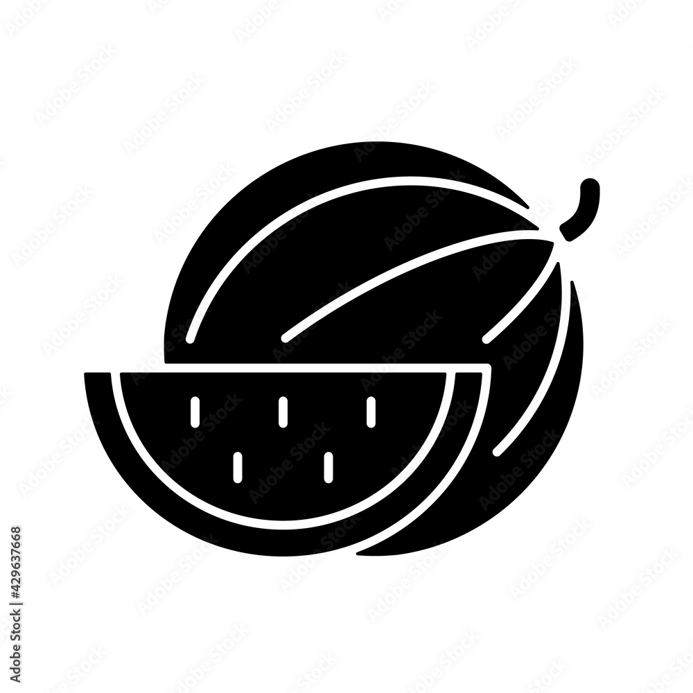 Watermelon black glyph icon. Serving fruit for picnic. Low-calorie treat. Body detoxification. Fighting dehydration. Cutting into pieces. Silhouette symbol on white space. Vector isolated illustration Watermelon black glyph icon. Serving fruit for picnic. Low-calorie treat. Body detoxification. Fighting dehydration. Cutting into pieces. Silhouette symbol on white space. Vector isolated illustration