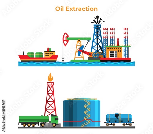 Banner extraction and oil processing, petroleum production service modern energy storage flat vector illustration, isolated on white.