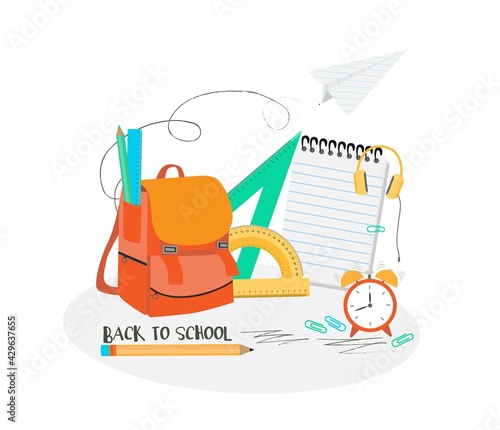 Set of rulers and protractor, back to school concept. School backpack, pencil, block note, clock, stationery items for schooling. Vector illustration, isolated objects.