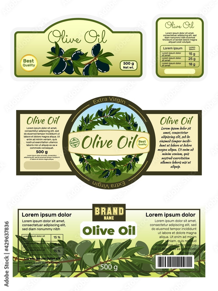 Advertising poster olive oil label, sticker ads virgin butter foodstuff, oliva tablet flat vector illustration, isolated on white.