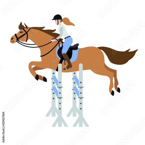 Vector hand drawn flat colored girl woman riding show jumping horse isolated on white background